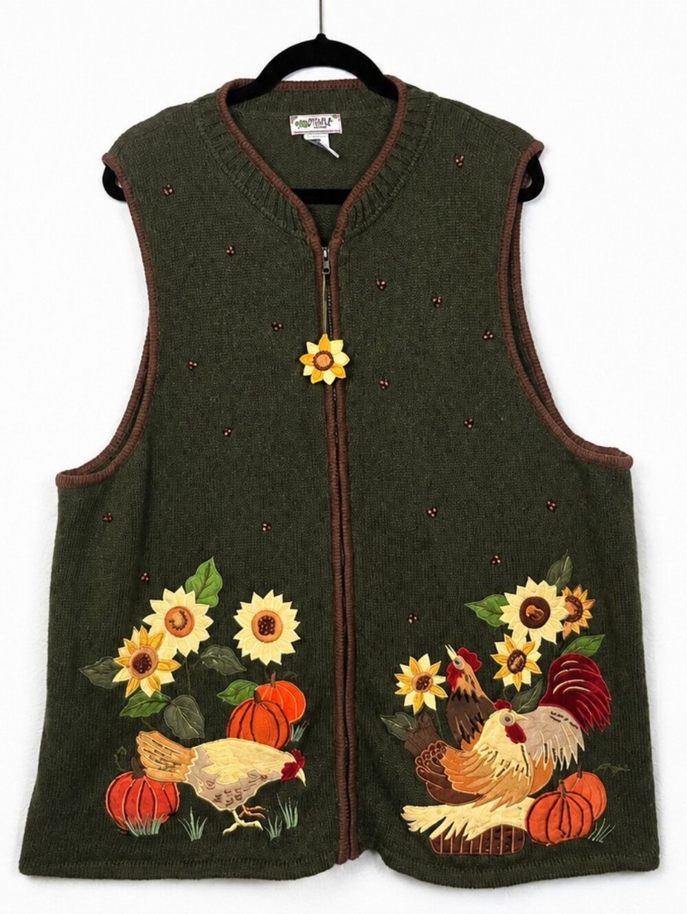 Tiara Women 2X Fall Harvest Chicken Pumpkin Zip Sweater Vest Cottagecore Granny
